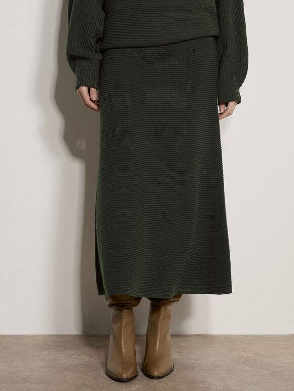 Ribbed Knit A-Line Maxi Skirt, Green, large