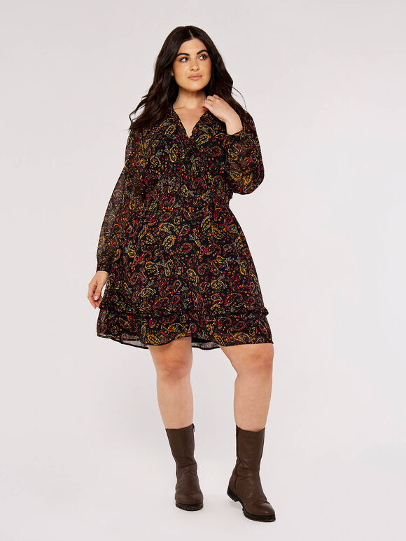 Curve Paisley Smock Dress, Black, large