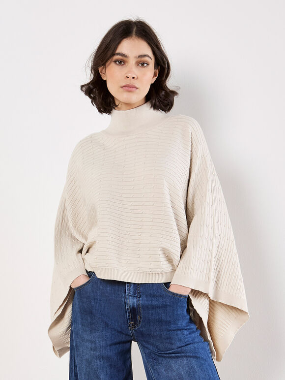 Horizontal Cable Knit Cape Jumper, Stone, large
