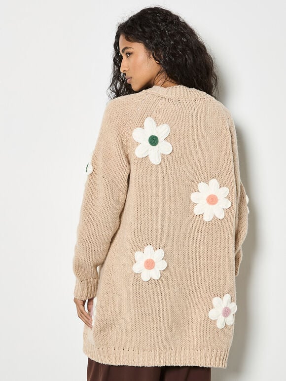 3D Daisy Chunky Knit Cardigan, Stone, large