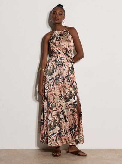 Tropical Leaf Satin Maxi Dress