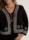 Soft Ribbed Knit Embroidered Cardigan, Black, large