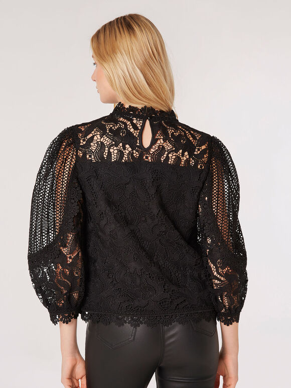 Puff Sleeve Floral Lace Top, Black, large