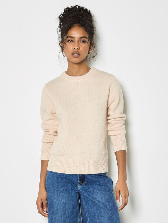 Pearl Embellished Ribbed Knit Jumper, Stone, large