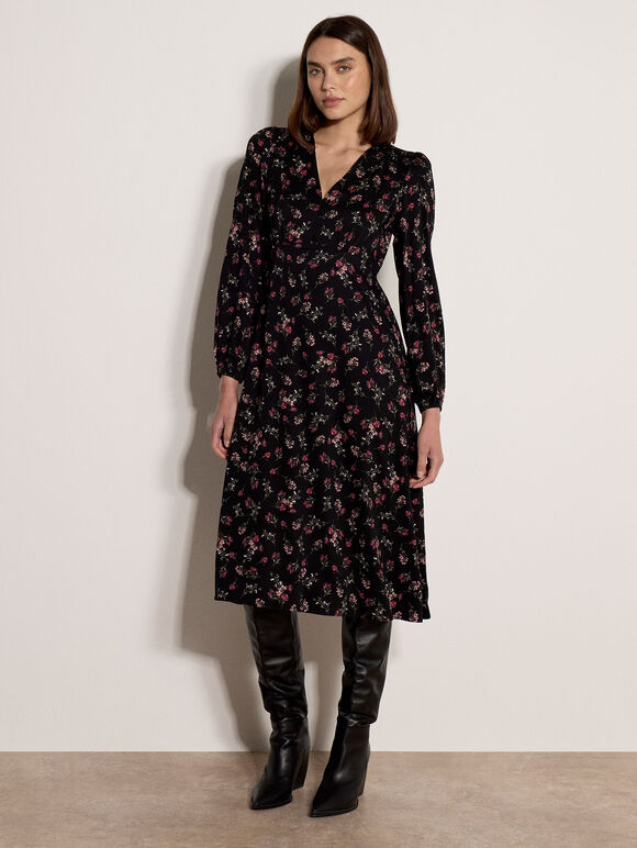 Floral Print Midi Dress, Black, large