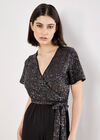Chevron Sequin Wide Leg Jumpsuit, Dark Grey - Charcoal, large