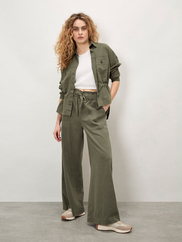 Paper Bag Waist Wide Leg Trousers, Khaki, large