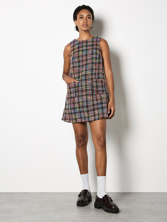 Colour Pop Tweed Shift Mini Dress, Black, large