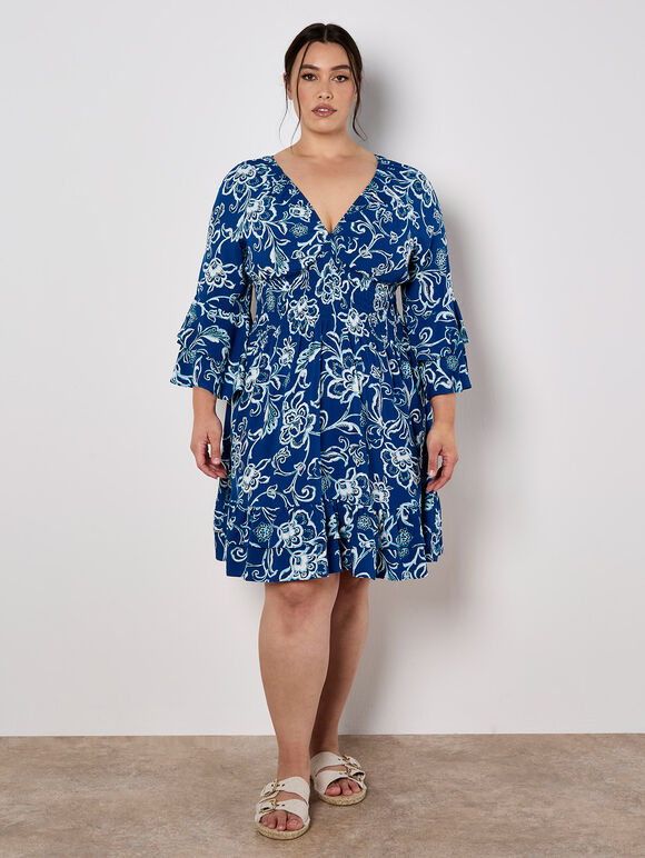 Sarasa Floral Smocked Ruffle Mini Dress, Blue, large