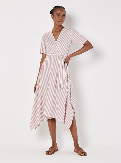 Stripe Wrap Hanky Hem Midi Dress