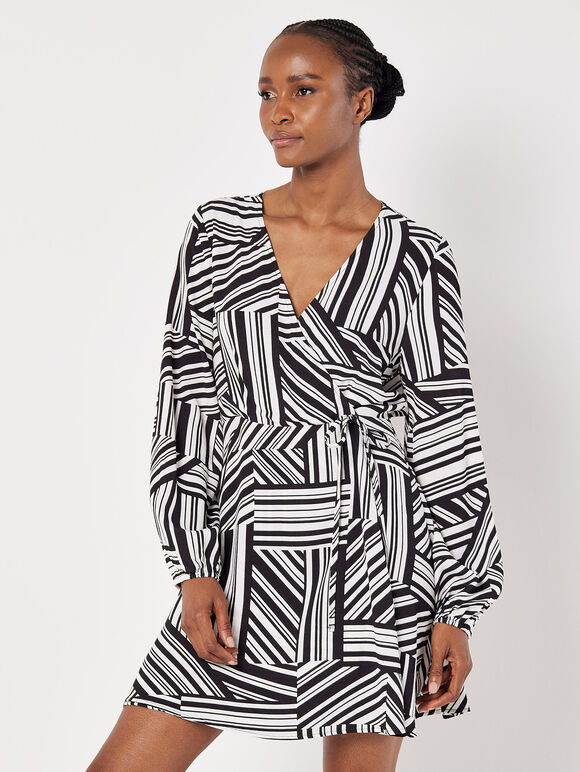 Mixed Stripes Mini Wrap Dress, Black, large