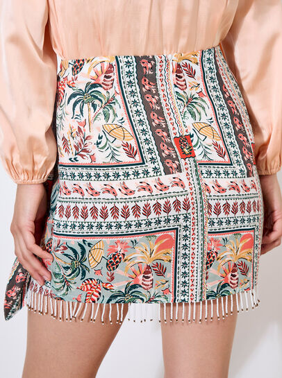 Tropical Print Beaded Wrap Mini Skirt