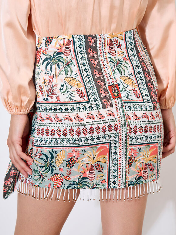 Tropical Print Beaded Wrap Mini Skirt, Mint, large
