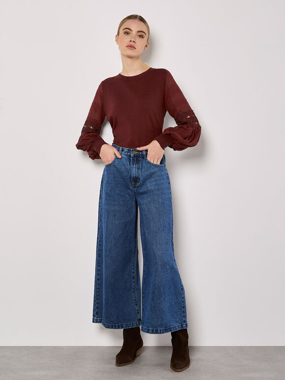 Contrast Chiffon Sleeves Jumper, Burgundy, large