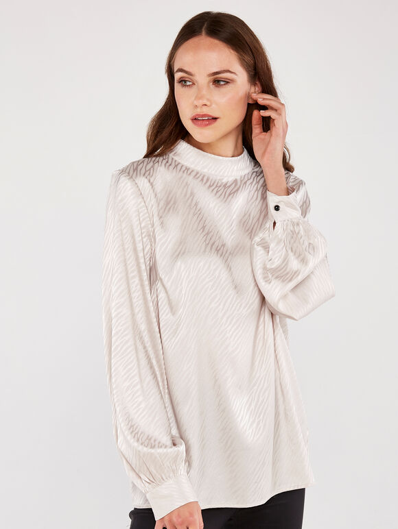 Jacquard Lines High Neck Long Sleeve Top, Light Grey / Silver, large