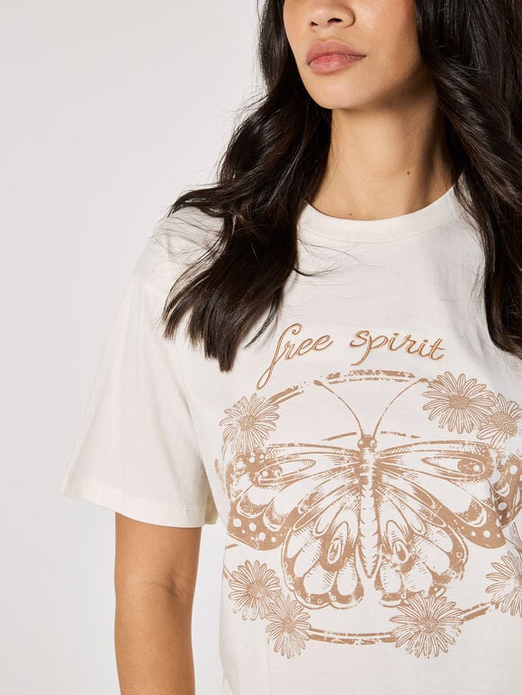 Free Spirit Embroidered Butterfly T-Shirt, Cream, large