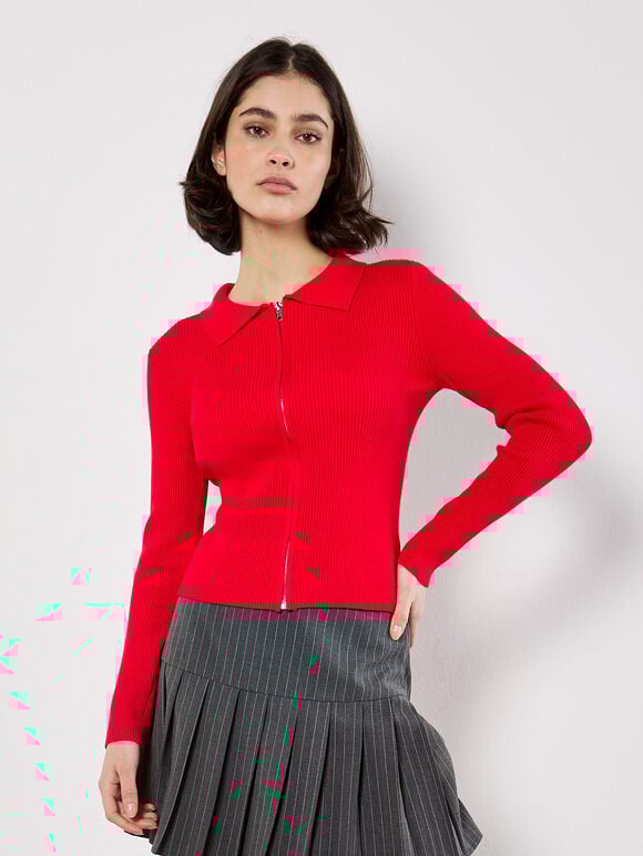 Zip Through Ribbed Knit Cardigan, Red, large