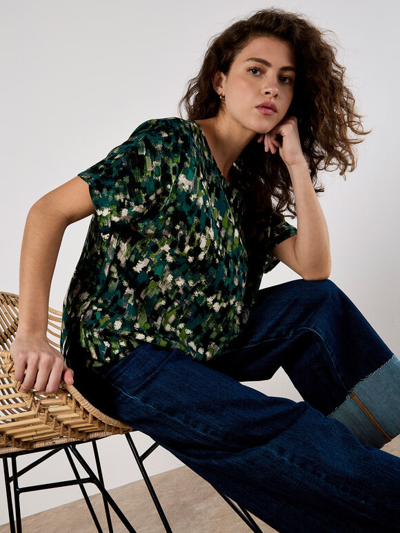Abstract Brushstroke Woven Top, Green, large