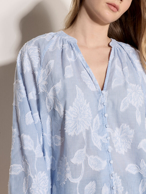 Embroidered Floral Stripe Blouse, Blue, large