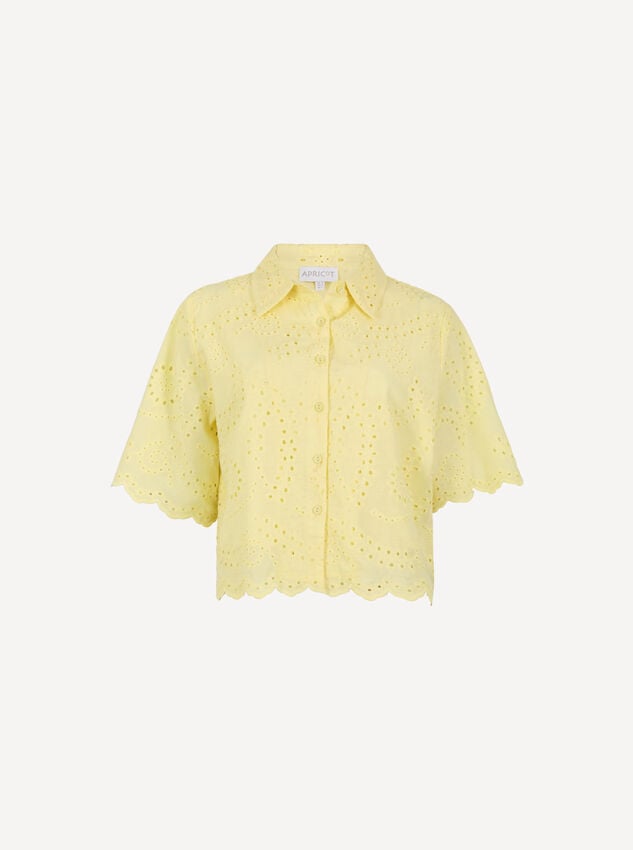 Scalloped Broderie Cropped Shirt, Yellow, large