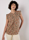 Ditsy Floral Ruffle Sleeve Top, Khaki, large