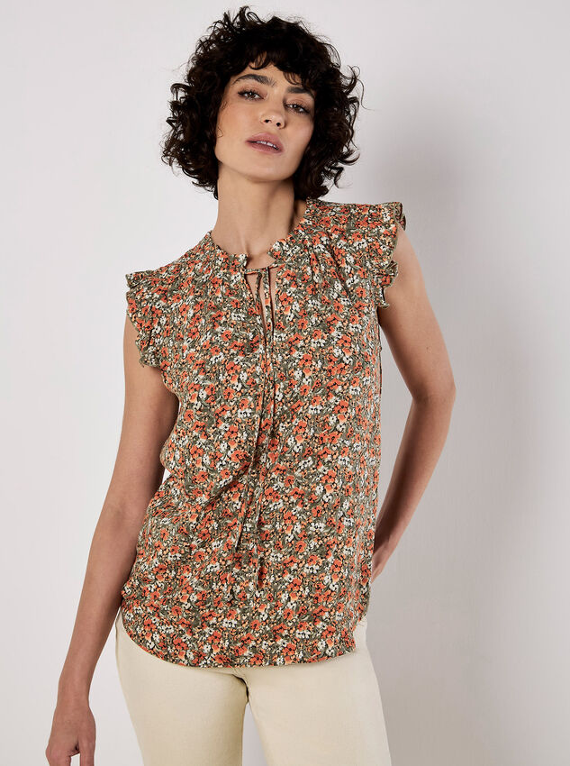 Ditsy Floral Ruffle Sleeve Top, Khaki, large