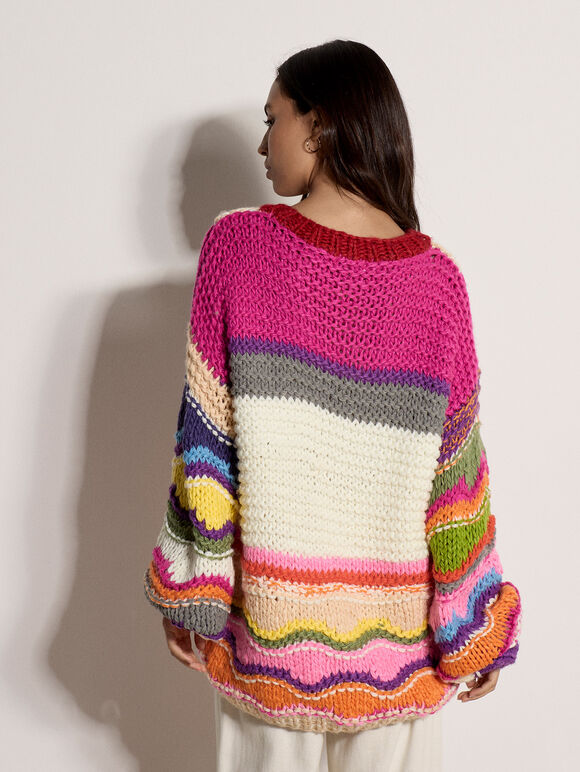Multicoloured Wave Chunky Jumper, Assorted, large
