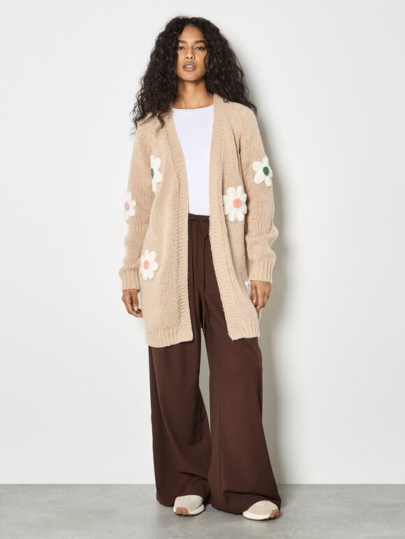 3D Daisy Chunky Knit Cardigan, Stone, large