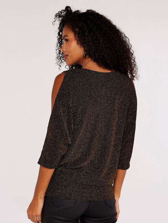 Sparkle Cold Shoulder Top, Brown, large