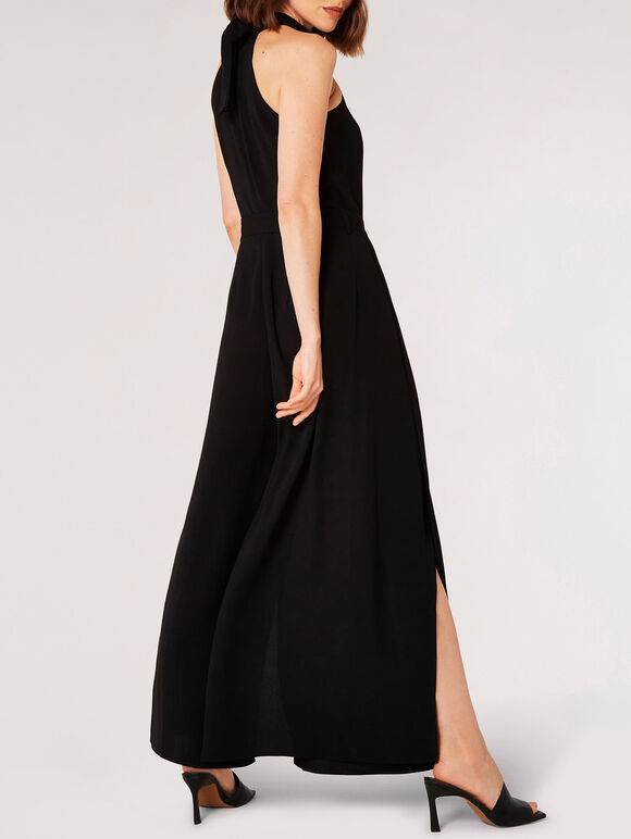 Halter Neck Split Leg Jumpsuit, Black, large