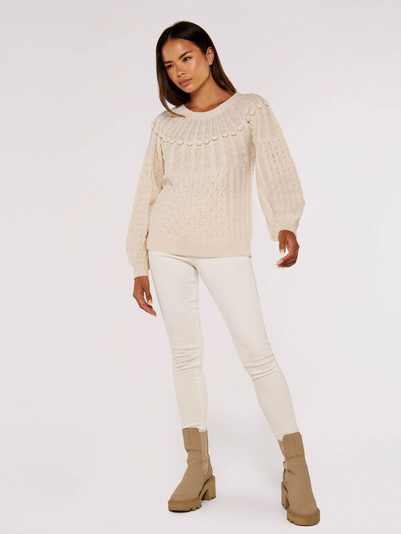 Aran Knit Pom Pom Jumper, Stone, large