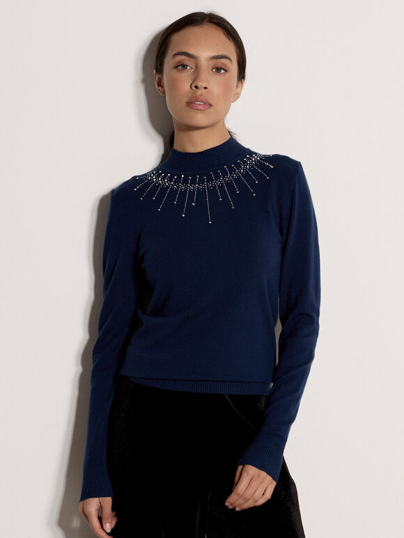 Rhinestone Gem Embellished Jumper, Navy, large