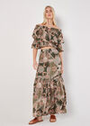 Satin Scarf Print Tiered Maxi Skirt, Khaki, large