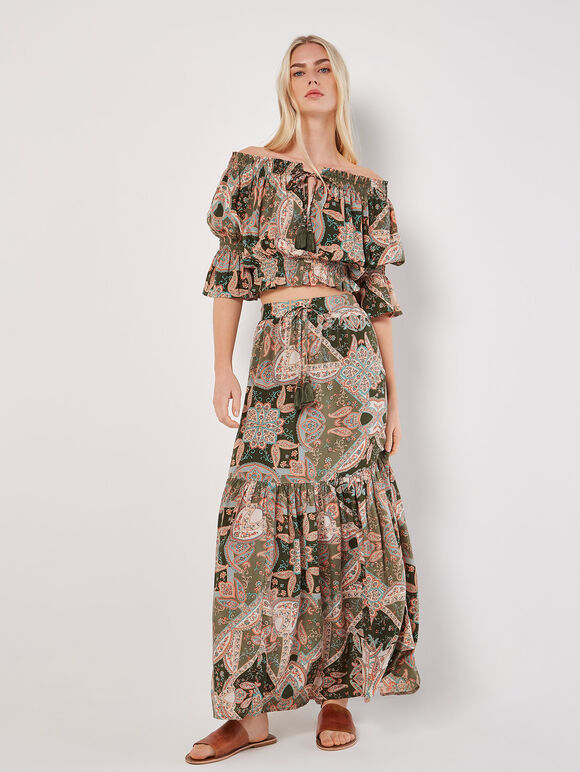 Satin Scarf Print Skirt & Cropped Top, , large