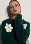 Chunky Knit Flower Applique Jumper, Pine Green, large