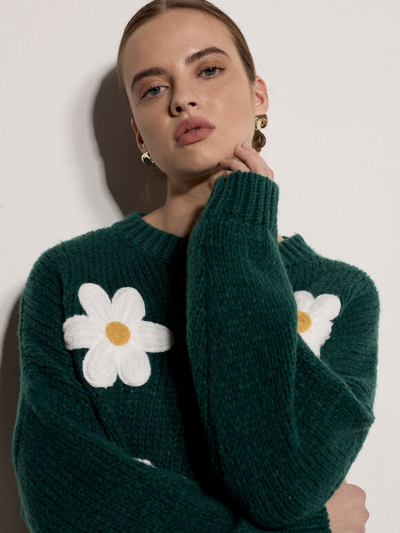 Chunky Knit Flower Applique Jumper, Pine Green, large
