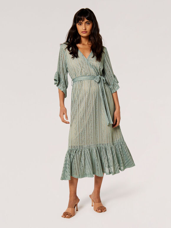 Lace Ruffle Wrap Midi Dress, Mint, large