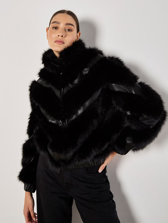 Faux Leather Chevron Fur Jacket, Black, large