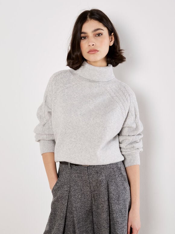 Cable Knit Roll Neck Jumper, Grey, large