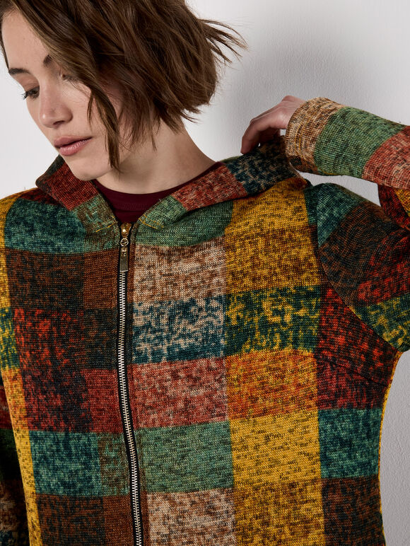 Colourful Check Hooded Coatigan, Rust, large