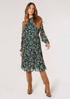 Leaf Pleated Chiffon Midi Dress, Green, large