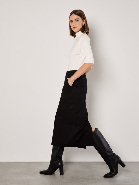 Cotton Cargo Midaxi Skirt, Black, large