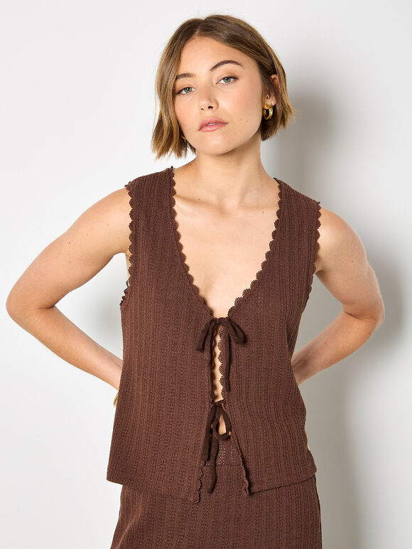 Pointelle Knit Waistcoat, Brown, large