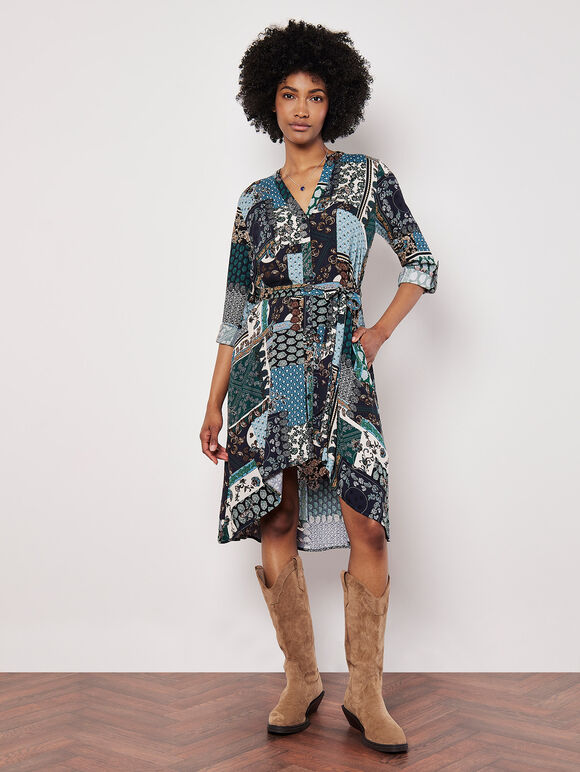Patchwork Paisley Shirt Mini Dress, Navy, large