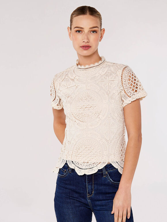 High Neck Lace Top, Stone, large