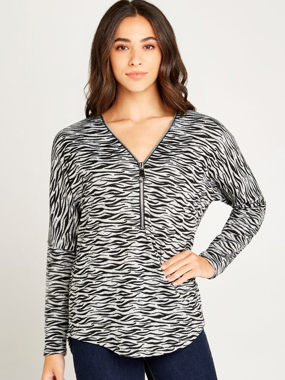 Zebra Big Zipper Top, Grey, large