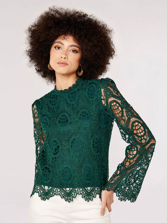 Lace Scallop Top & Shorts- Green, , large