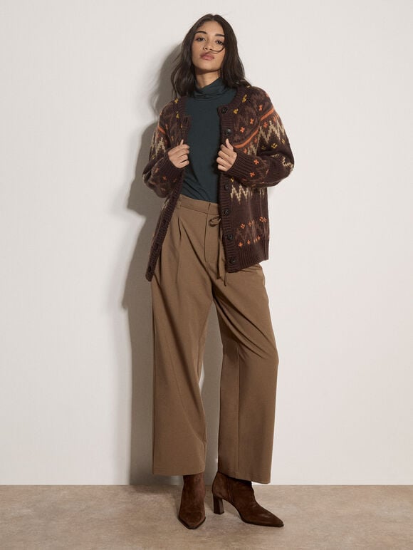 Fair Isle Chunky Knit Cardigan, Brown, large