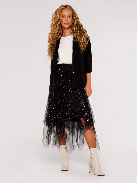 Metallic Stars Tulle Midi Skirt, Black, large