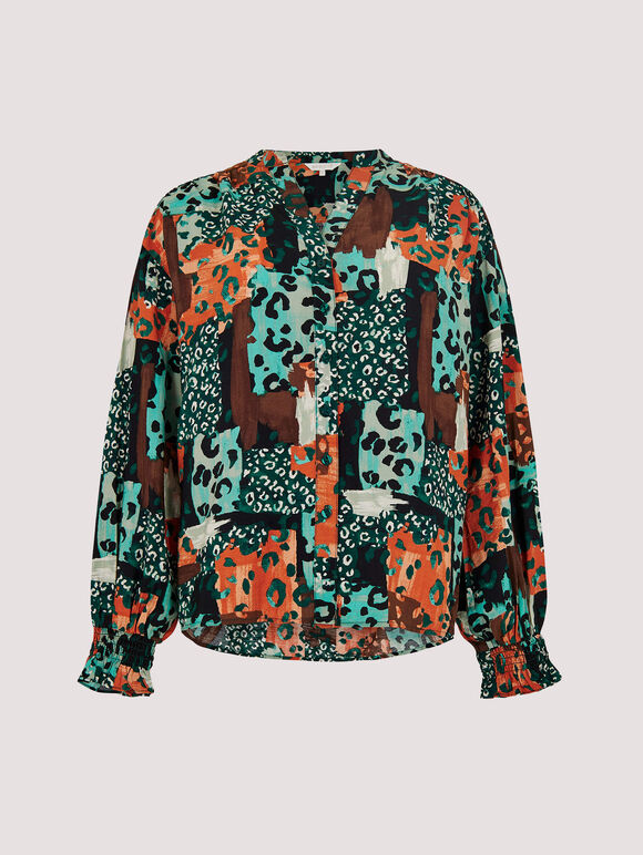 Animal Patchwork Print Blouse, Green, large